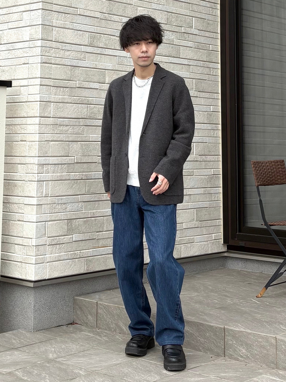 UNIQLO C ニットジャケット •タックワイドテーパードパンツ セット ニットジャケット、タックワイドテーパードパンツ」の着用