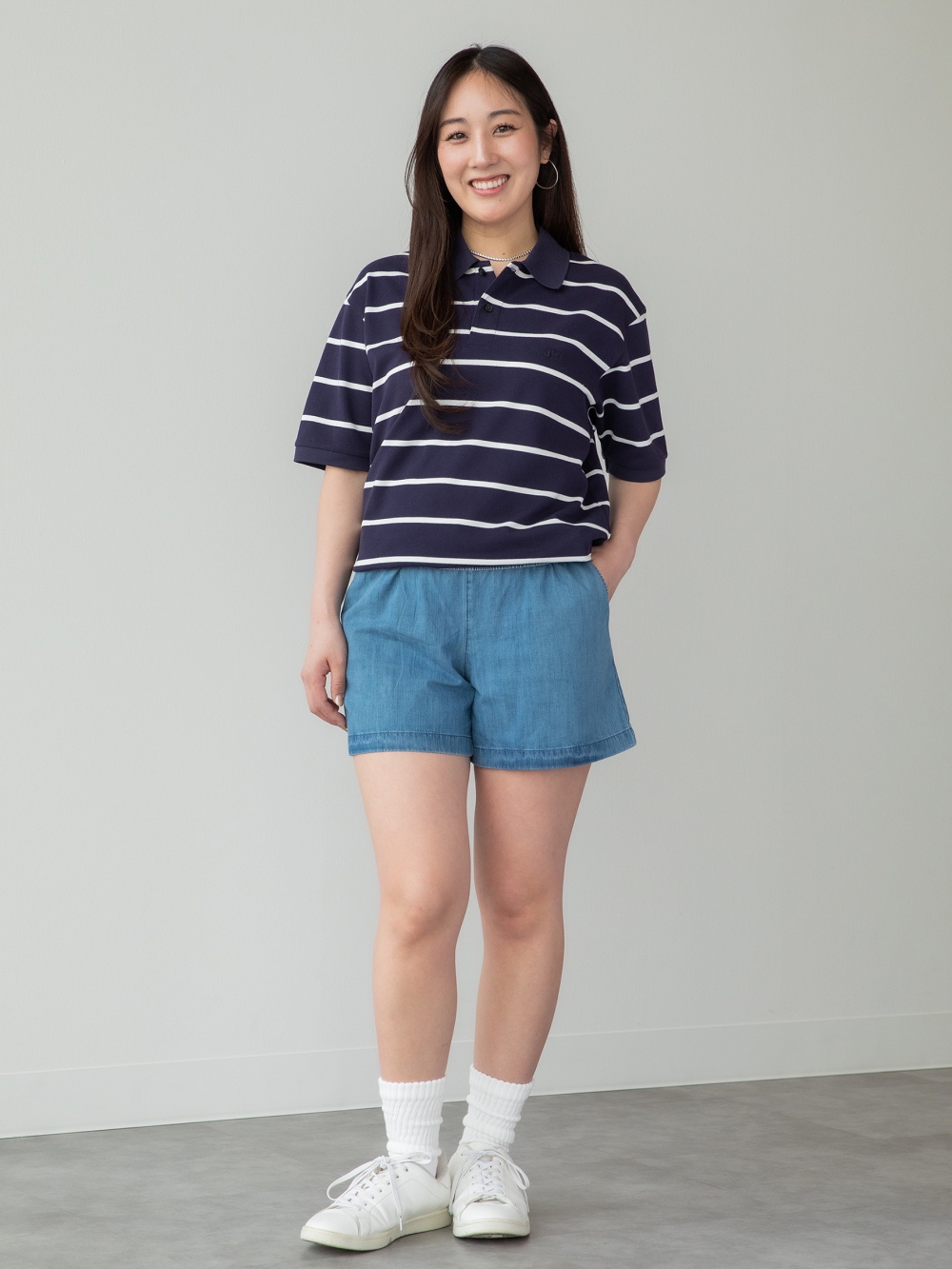 ドライカノコボーダーポロシャツ、コットンイージーショートパンツ」の