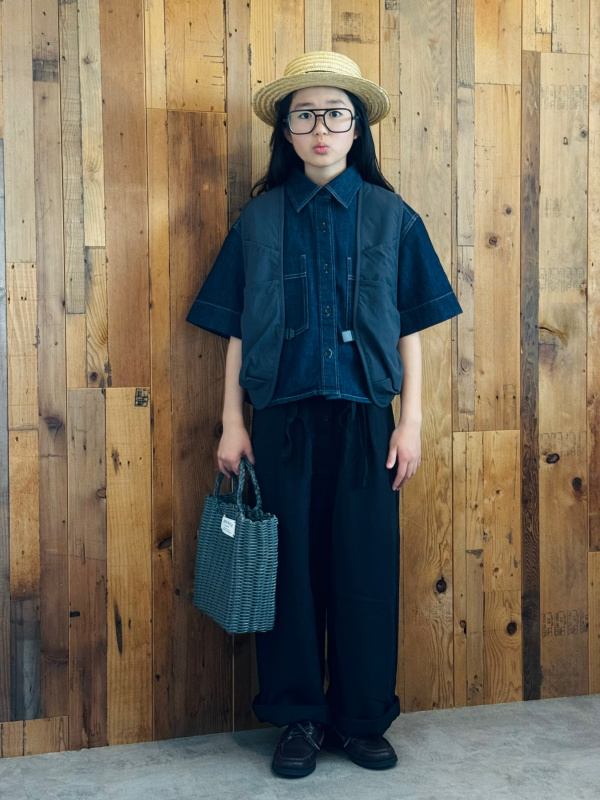 デニムボクシーシャツ/5分袖、イージーショートパンツ/デニムの 