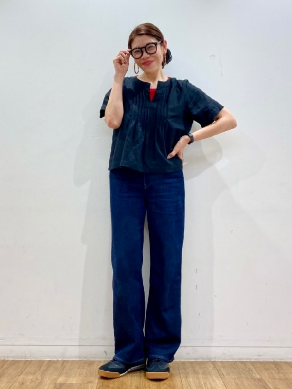 ユニクロ プレミアムリネンパンツ+　ブルー 73cm 98cm リネンブレンドキーネックブラウス、プレミアムリネンパンツの
