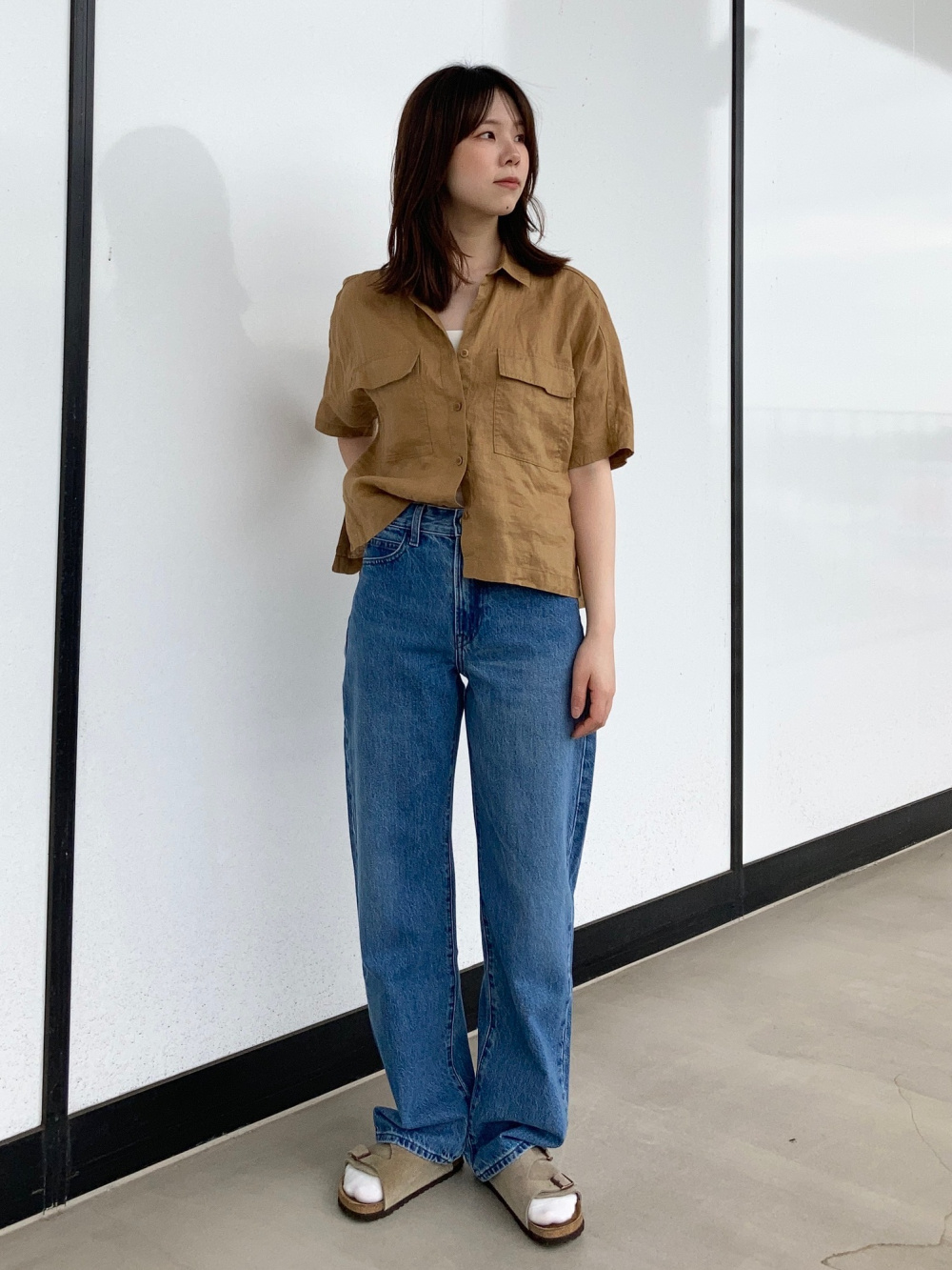 パフテックロングコートリラックスフィット、ストレートジーンズ」の