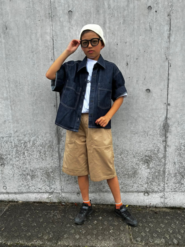 デニムボクシーシャツ/5分袖、イージーショートパンツ/デニムの 