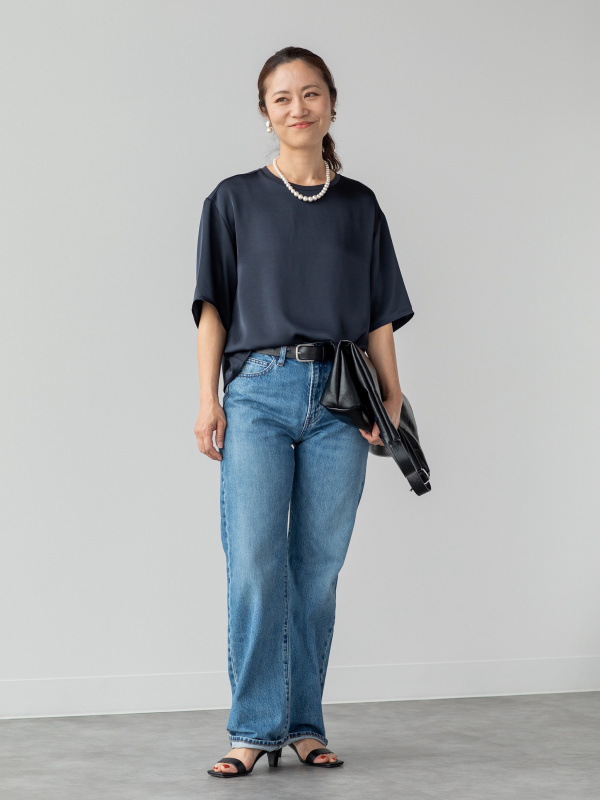 パフテックロングコートリラックスフィット、ストレートジーンズの