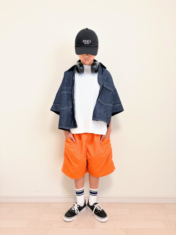デニムボクシーシャツ/5分袖、イージーショートパンツ/デニムの 