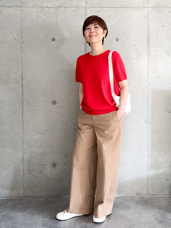 ワッフルT/長袖、ワイドチノパンツのコーディネート・着用イメージ