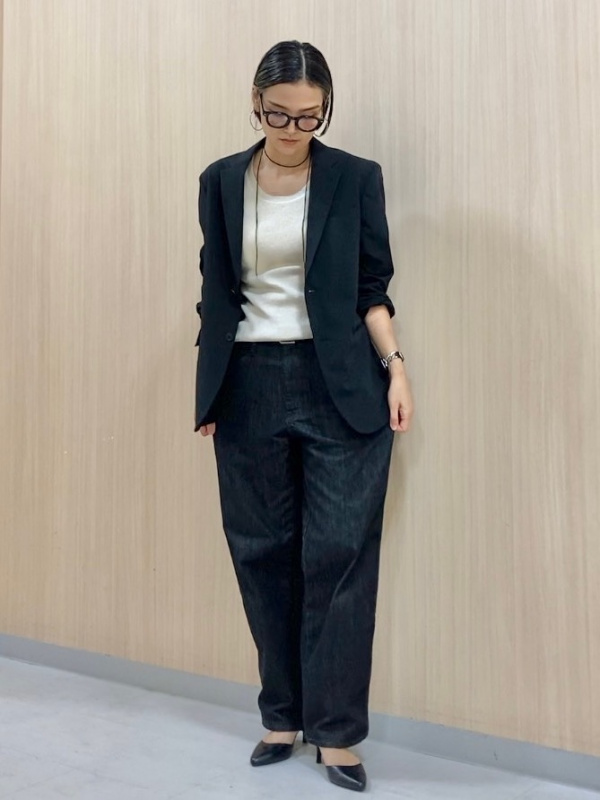 感動ジャケット、タックワイドパンツ/ストライプのコーディネート