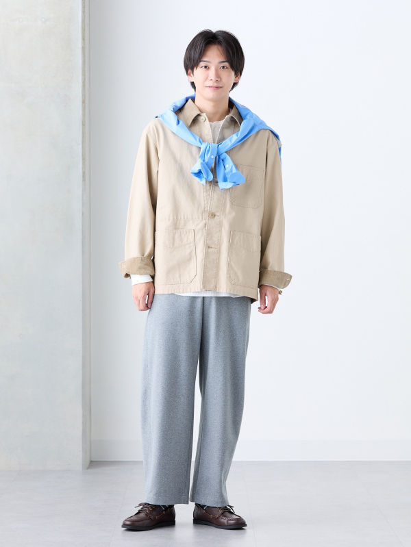 ワッフルヘンリーネックTシャツ/長袖、デニムシャツのコーディネート