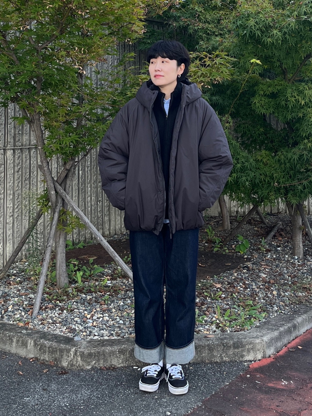 Check styling ideas for「Souffle Yarn HalfZip Sweater、Flannel Easy