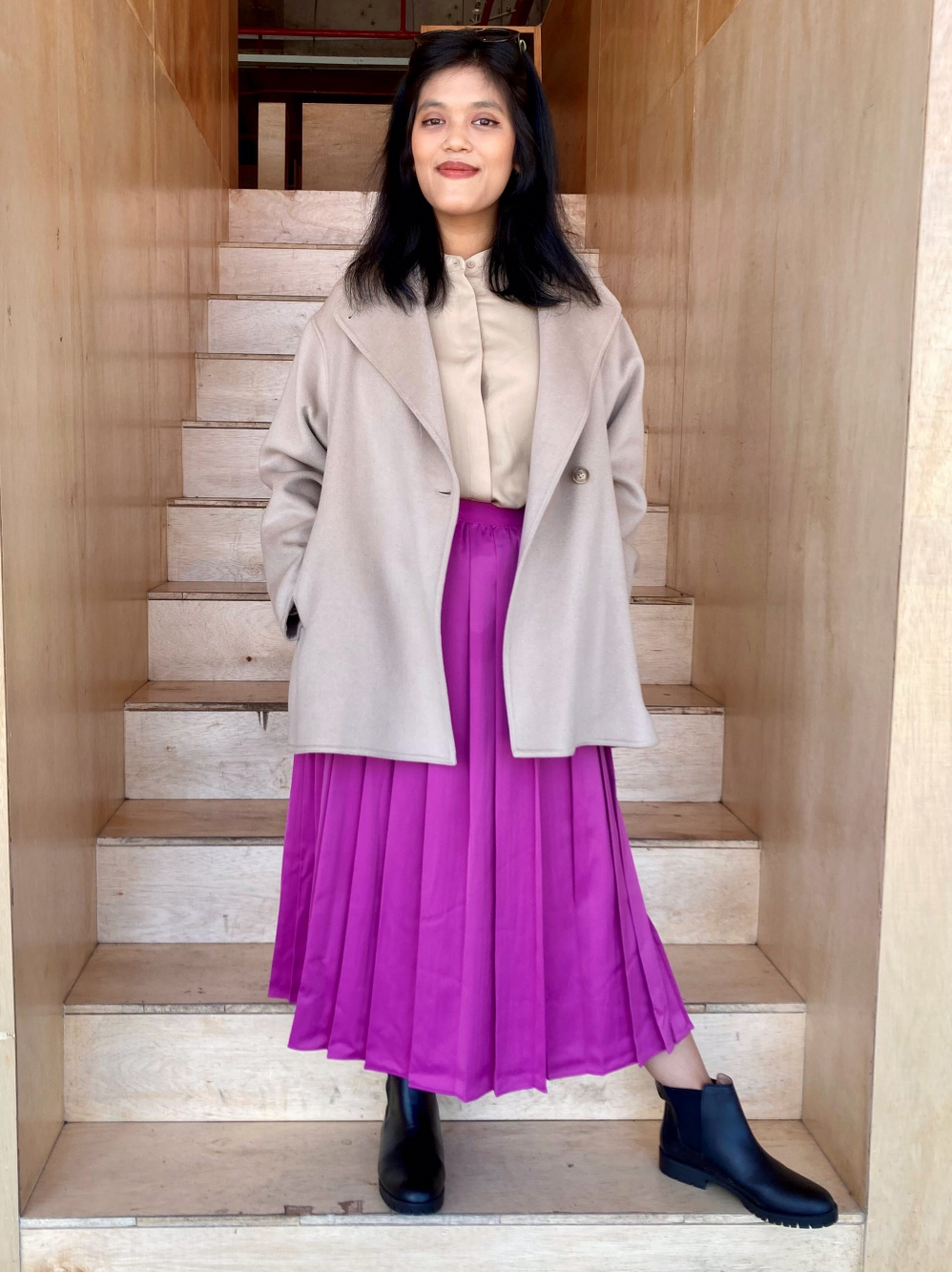 Check styling ideas for Asymmetry Pleated Skirt UNIQLO SG