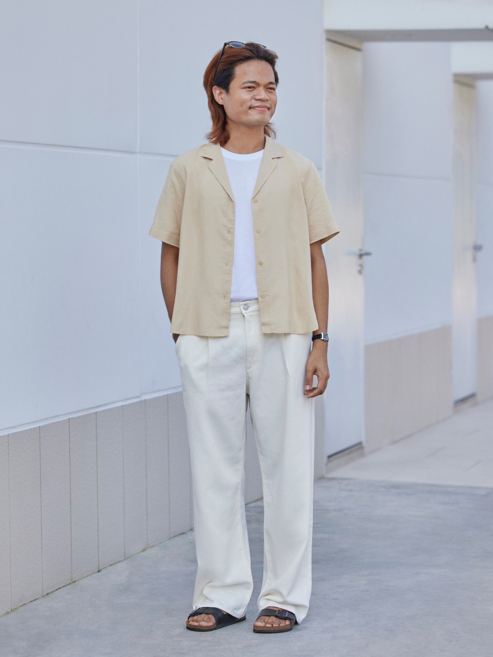 Check styling ideas for「SUPIMA Cotton Crew Neck Short Sleeve T-Shirt、Cotton  Linen Stand Collar Striped Short Sleeve Shirt」