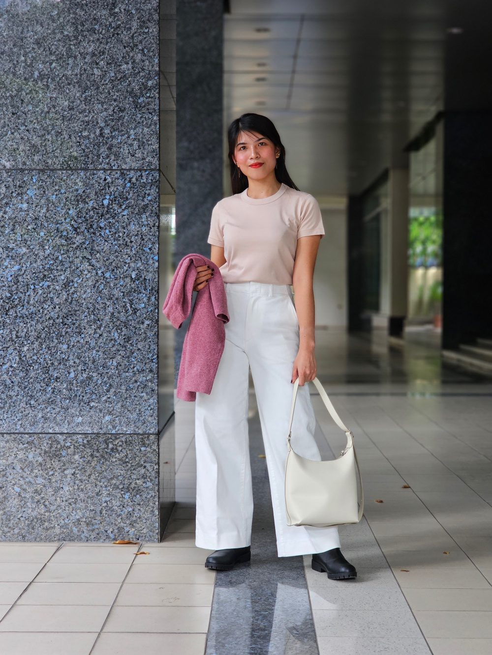 Check styling ideas for Pointelle Henley Neck T Shirt Faux Leather Square Shoulder Bag UNIQLO PH