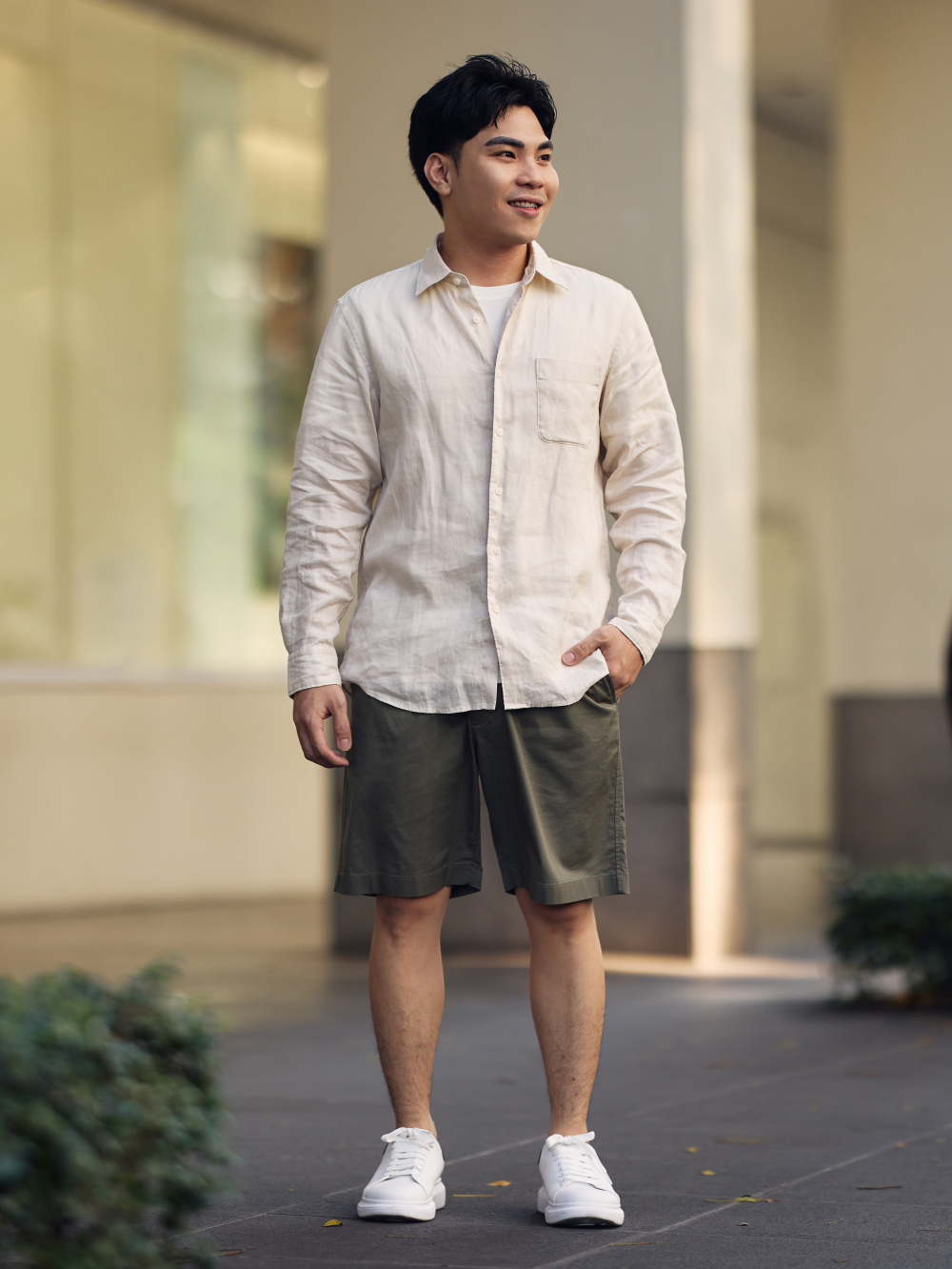 dress shirt with cargo shorts An outfit using Waffle Henley Neck T-Shirt | Long Sleeve and Cargo Shorts