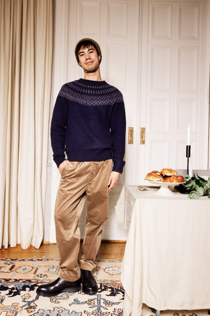 Check styling ideas for「JWA Souffle Yarn Fairisle Sweater、JWA Corduroy Pants」