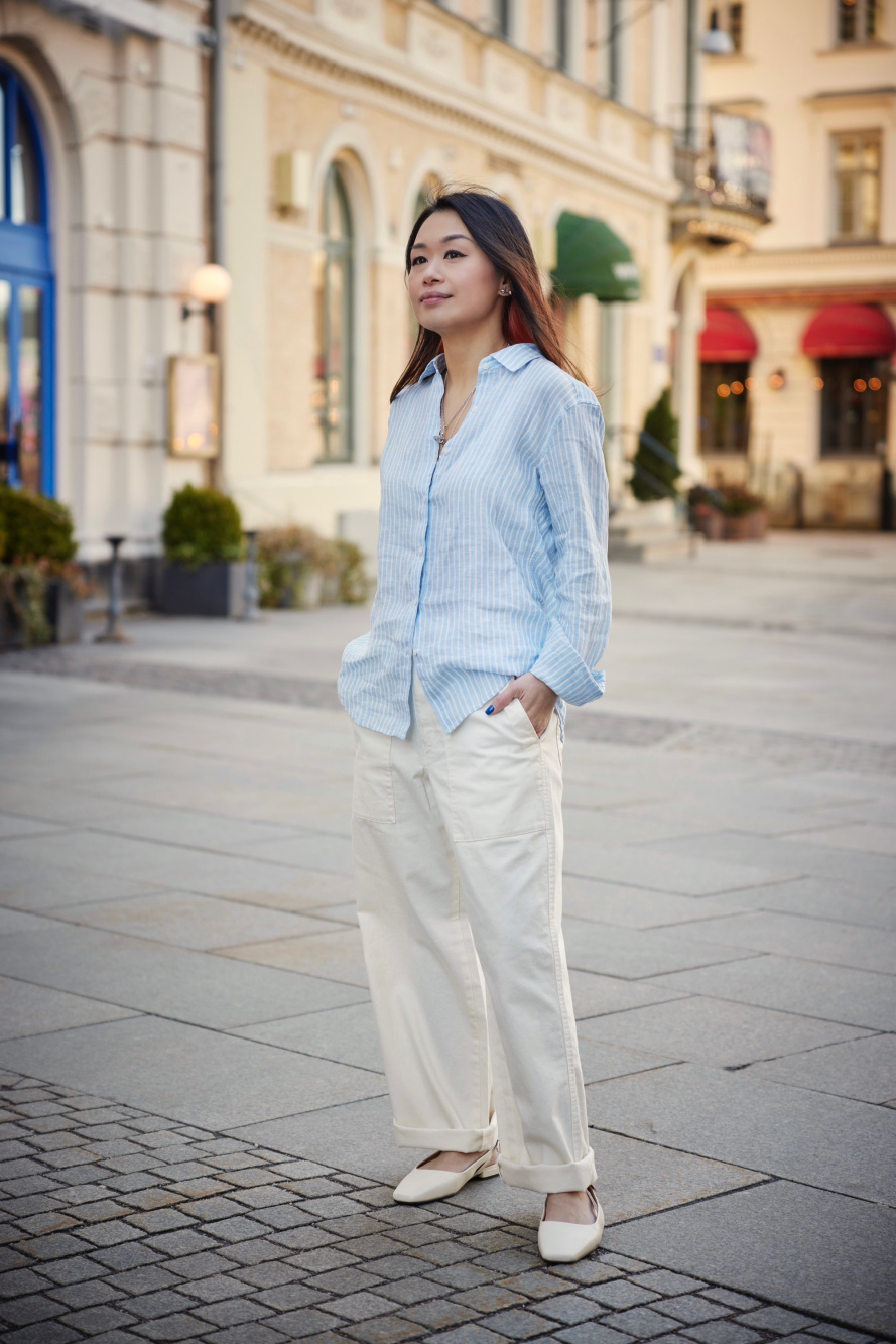 White Linen Pants Outfit with Blue Linen Shirt