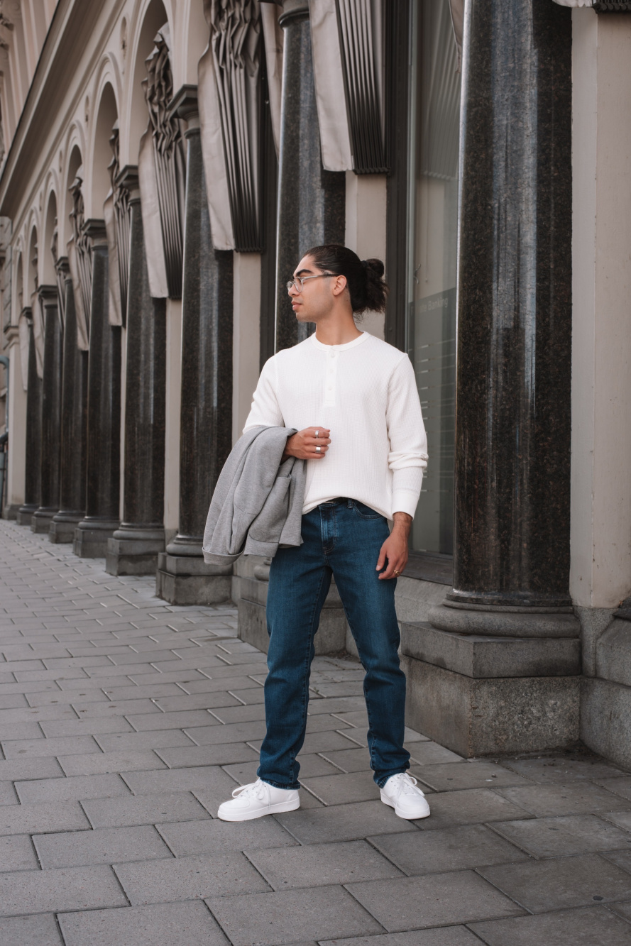 Check styling ideas for「Waffle Henley Neck Long Sleeved T