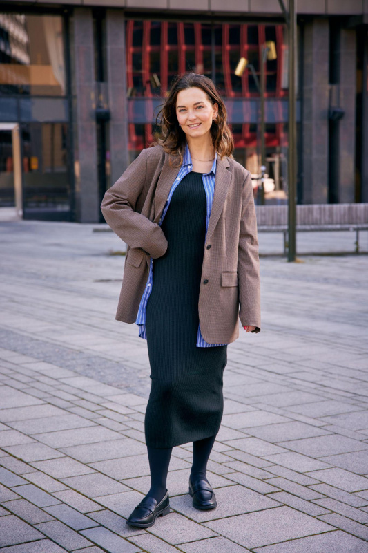 uniqlo brushed jersey dress Outfit inspiration featuring Jacket and Merino Blend Fitted U Neck Long Sleeved Dress｜UNIQLO DK SID-JMD15956RD