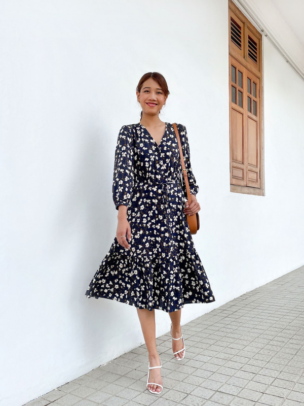WOMEN'S PRINTED V NECK 3/4 SLEEVE FLARE DRESS | UNIQLO ID
