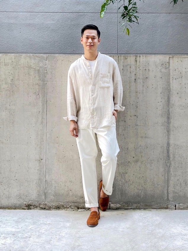 Check styling ideas for「Premium Linen Stand Collar Long-Sleeve