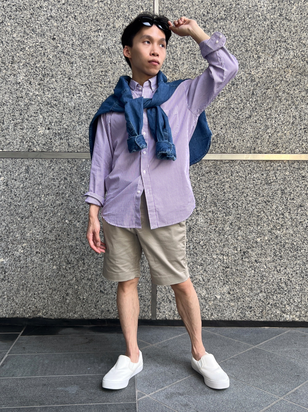 Check styling ideas for「Denim Oversized Stand Collar Long Sleeve Shirt