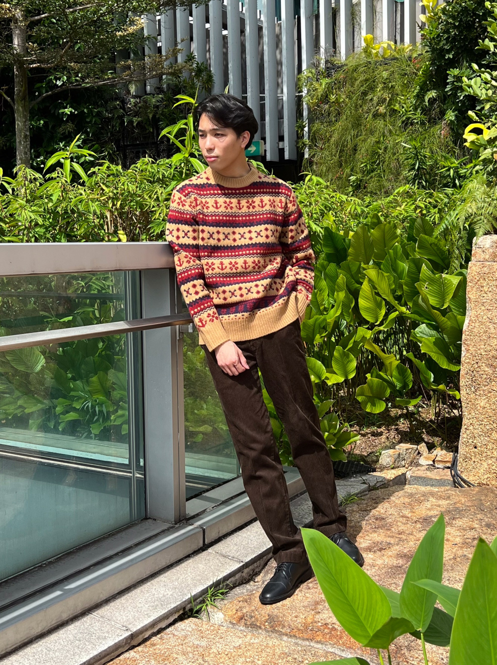 Check styling ideas for「JWA Souffle Yarn Fairisle Sweater、JWA Corduroy Pants」