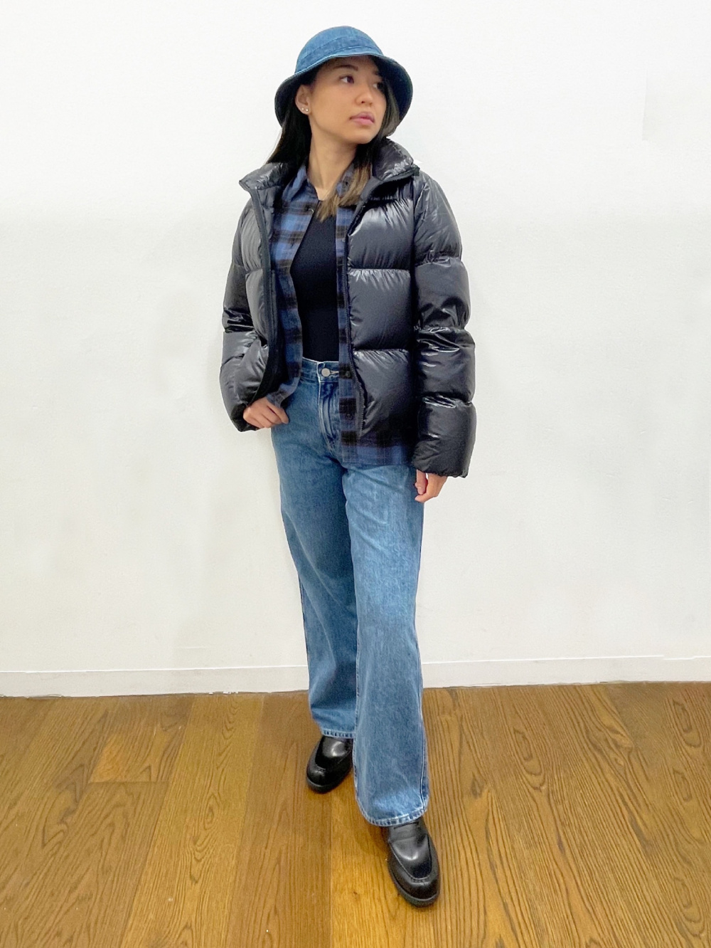 Check styling ideas for「Ultra Light Down Shiny Puffer Jacket、Flannel  Checked Relaxed Long Sleeve Shirt」