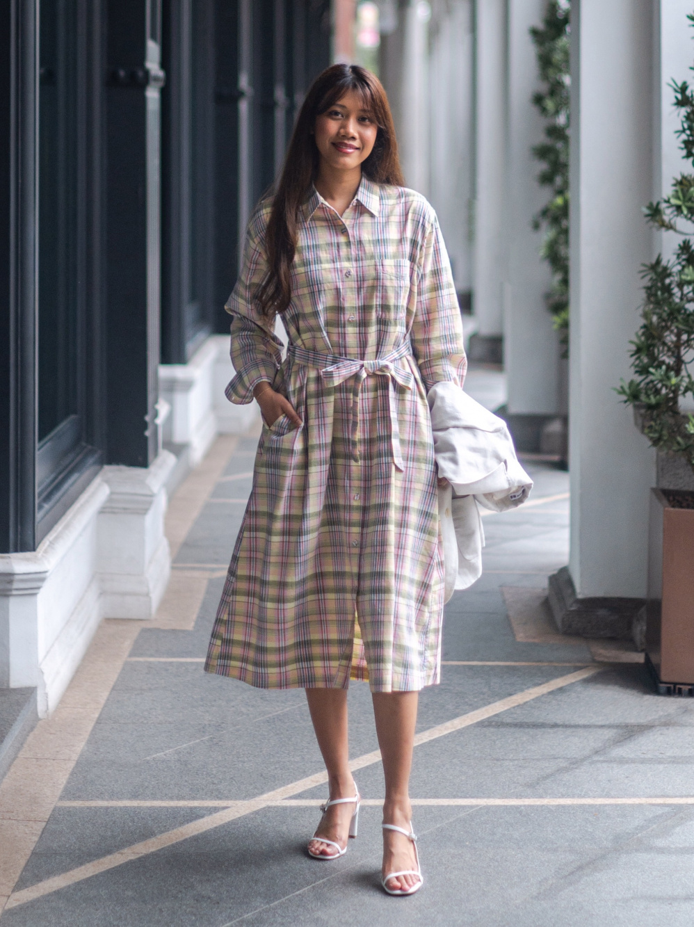 Check styling ideas for「Linen Cotton Jacket (Solid) (Ines de la  Fressange)、Linen Cotton Belted Shirt Dress (Checked) (Ines de la  Fressange)」