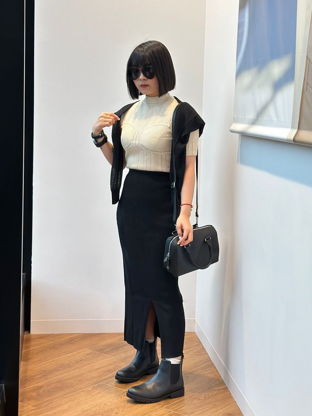 Check styling ideas for「Mame Kurogouchi Mame Kurogouchi 3D Knit Ribbed Long  Skirt、Boston Combination Sunglasses (UV Protection)」