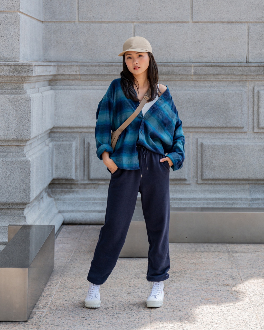 Check styling ideas for「Flannel Checked Shirt、Round Mini Shoulder Bag」