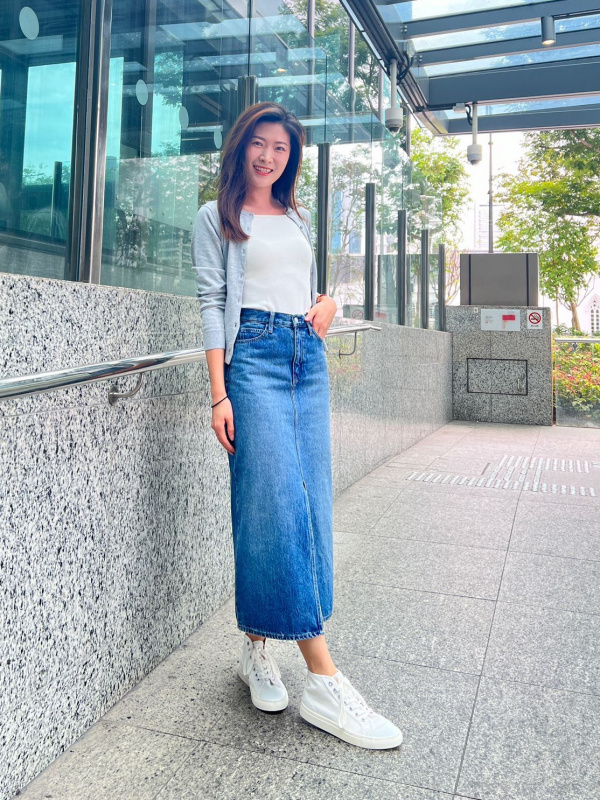 Elastic waist clearance denim skirt long