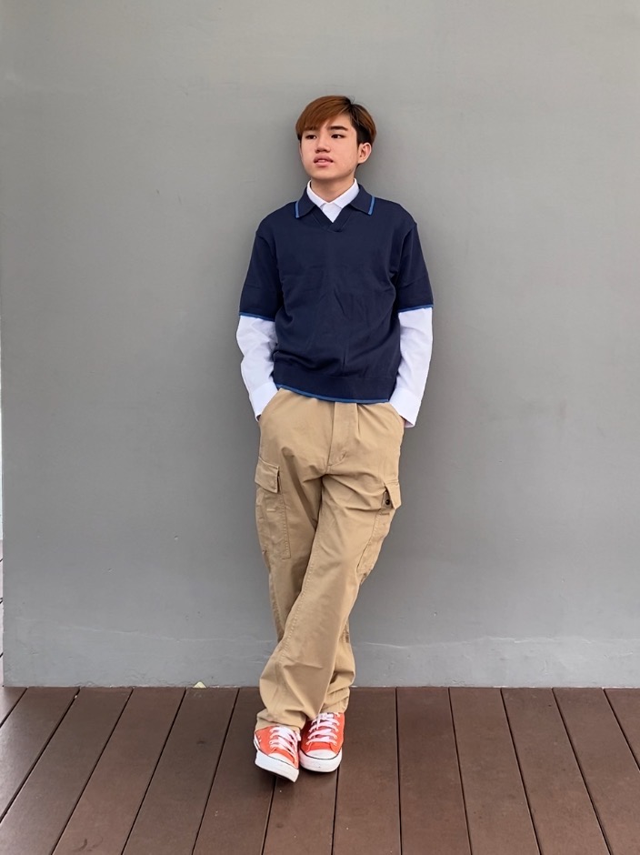 Check styling ideas for「Wide Straight Cargo Pants、Knitted Short Sleeve ...