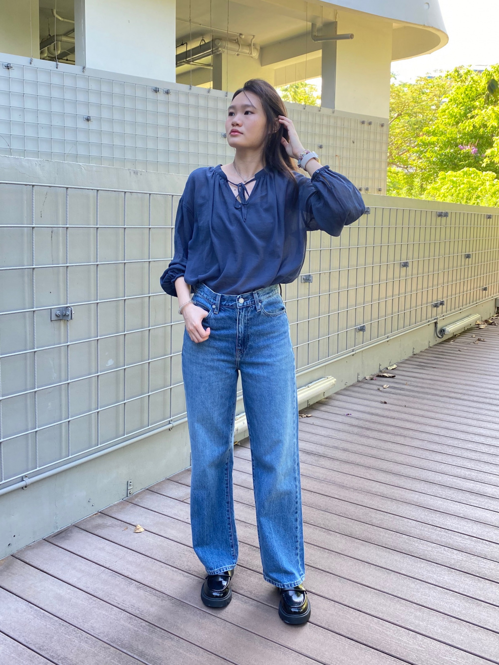 Check styling ideas for「Cotton Sheer Volume Gather Long Sleeve Blouse ...