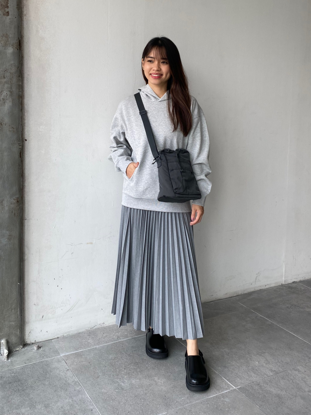 Check styling ideas for Sweat Oversized Pullover Hoodie Pleated Long Skirt UNIQLO IN