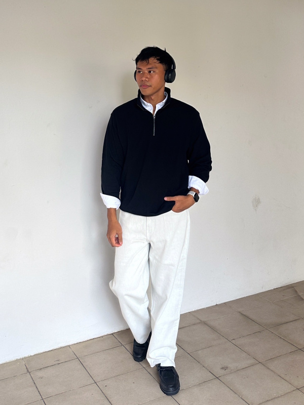 An outfit using Half-Zip Sweatshirt and Wide Fit Chino Pants
