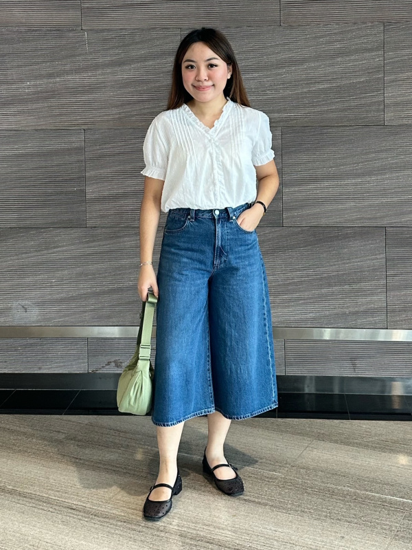 An outfit using Cotton Dobby V Neck Blouse and Denim Culotte