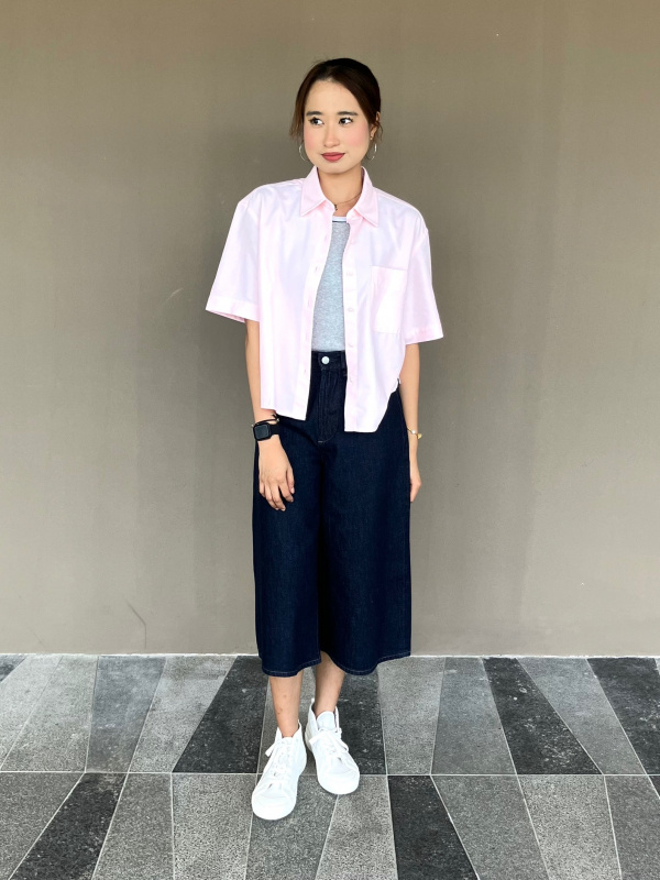 An outfit using Cotton Dobby V Neck Blouse and Denim Culotte