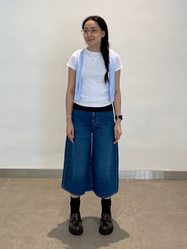 An outfit using Cotton Dobby V Neck Blouse and Denim Culotte