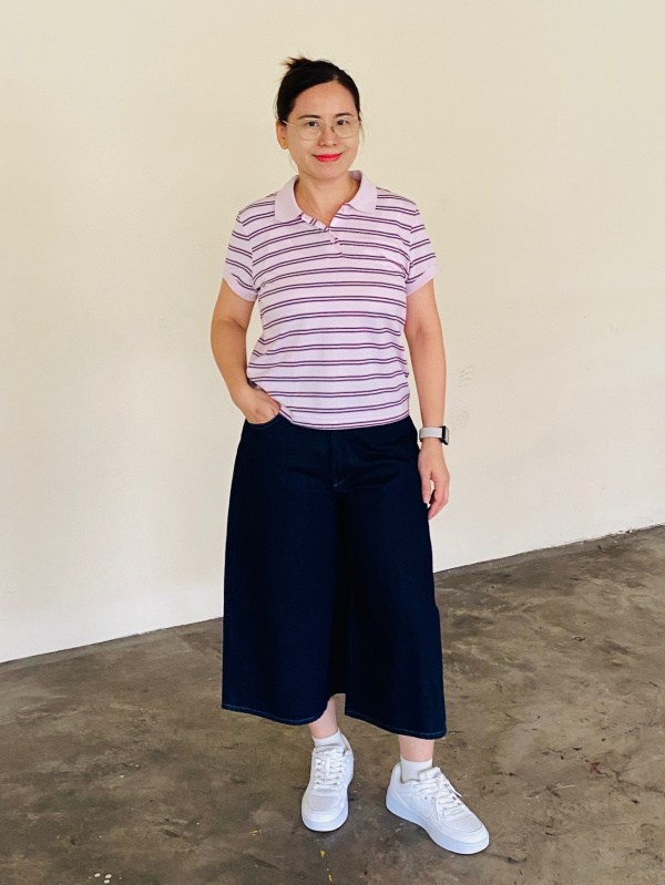 An outfit using Cotton Dobby V Neck Blouse and Denim Culotte