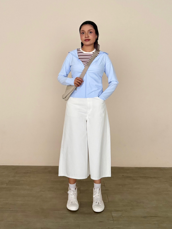 An outfit using Cotton Dobby V Neck Blouse and Denim Culotte