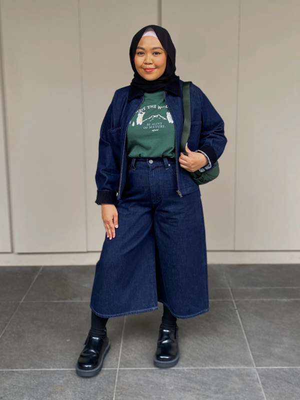 An outfit using Cotton Dobby V Neck Blouse and Denim Culotte
