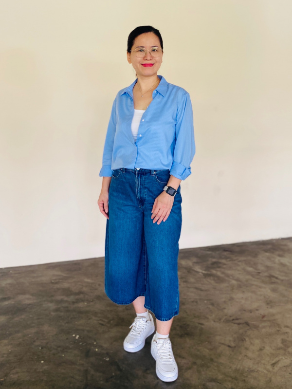 An outfit using Cotton Dobby V Neck Blouse and Denim Culotte