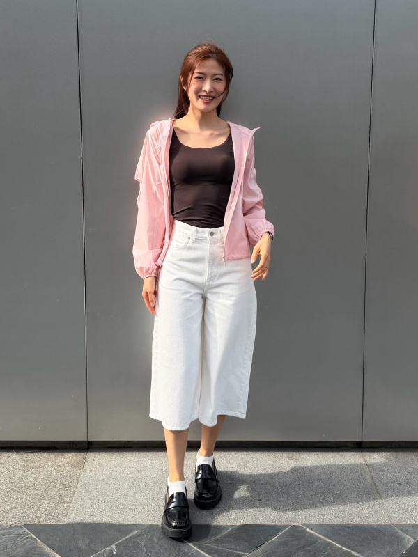 An outfit using Cotton Dobby V Neck Blouse and Denim Culotte