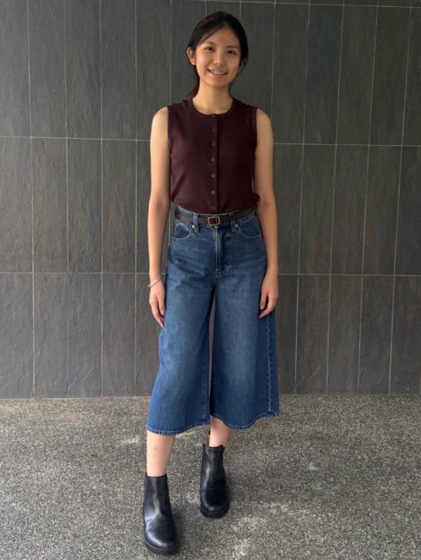 An outfit using Cotton Dobby V Neck Blouse and Denim Culotte