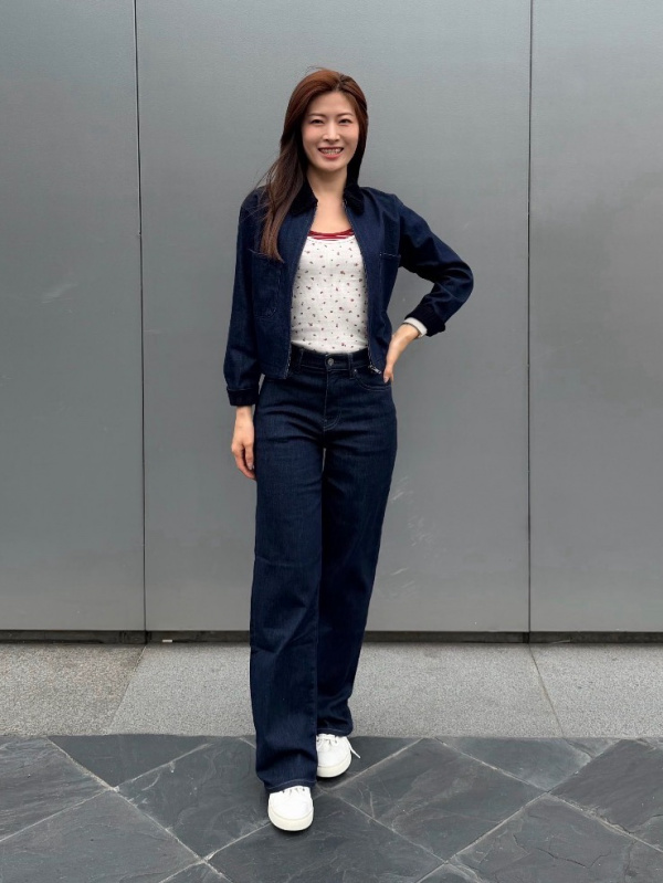 An outfit using Zip Up Short Jacket and EZY Wide Straight Jeans