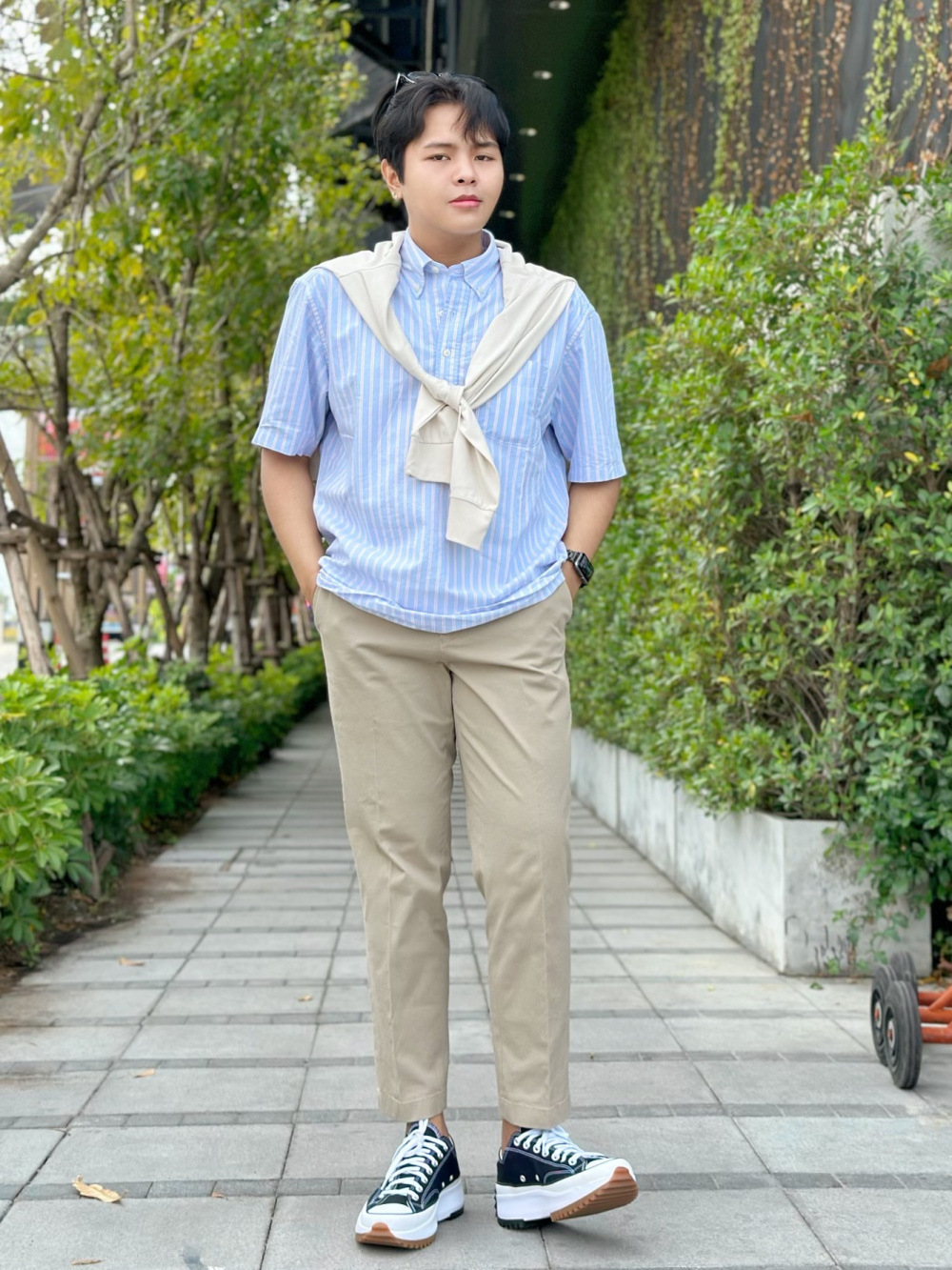 Check styling ideas for「Oxford Striped Short Sleeve Pull Over