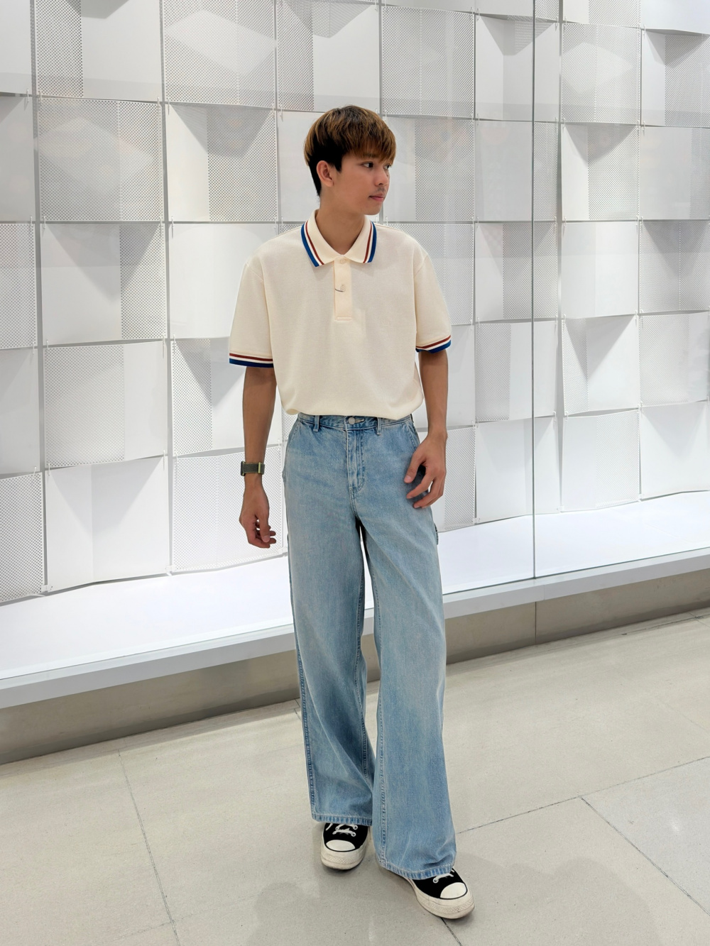 Check styling ideas for「JW Anderson Dry Pique Short Sleeve Polo  (Patterned)、JW Anderson Relaxed Painter Pants」