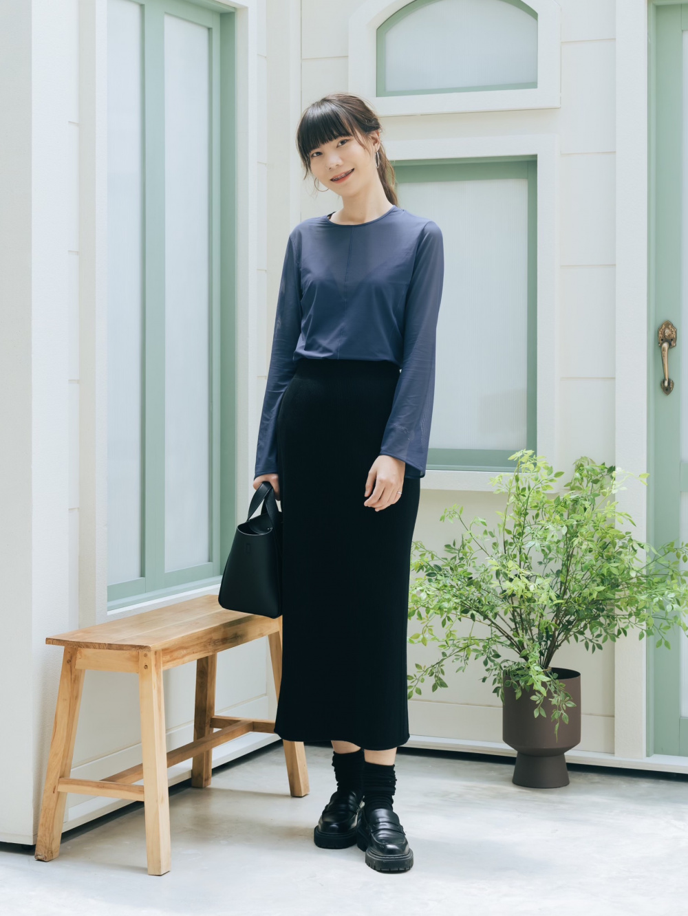 Check styling ideas for「Mame Kurogouchi 3D Knit Mesh Half Sleeve Sweater、Mame  Kurogouchi 3D Knit Ribbed Long Skirt」