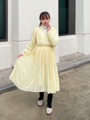 uniqlo chiffon dress Women's Chiffon Pleated Long Sleeve Dress
