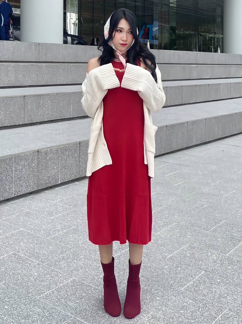 Red dress with hot sale black cardigan