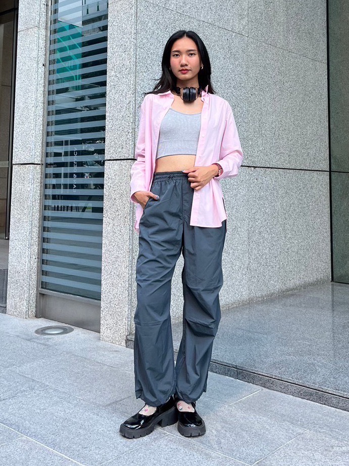 Check styling ideas for「Extra Fine Cotton Long Sleeve Shirt、Parachute Pants」