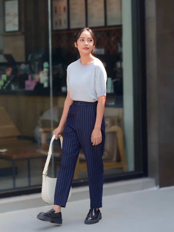 LINEN COTTON STRIPED TAPERED PANTS